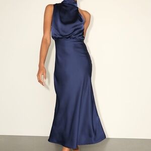Lulus Distinctive Charm Navy Satin Asymmetrical Midi Dress Blue - Size XL